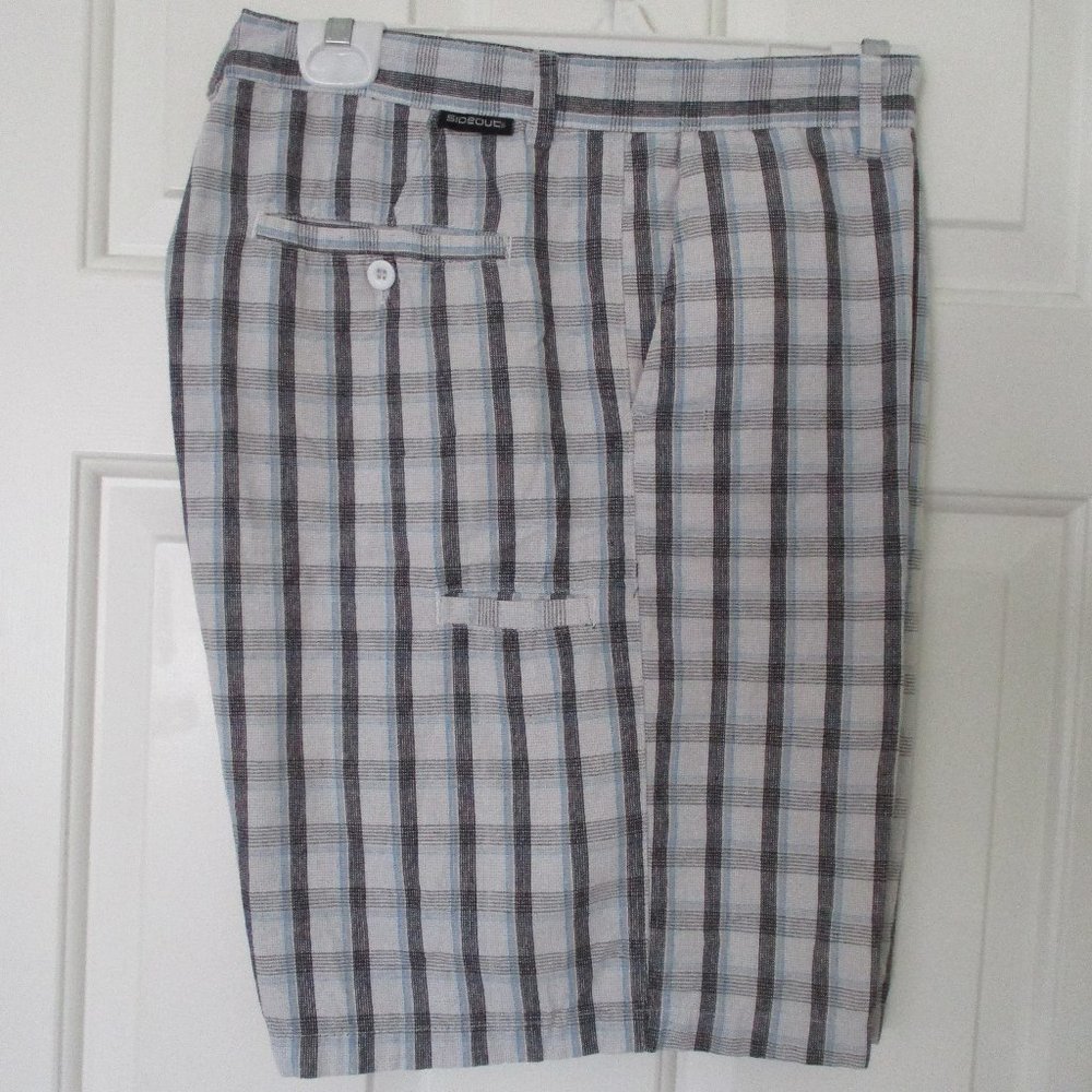Sideout Mens Flat Front Blue Gray Plaid Short Pant - Size 34W*